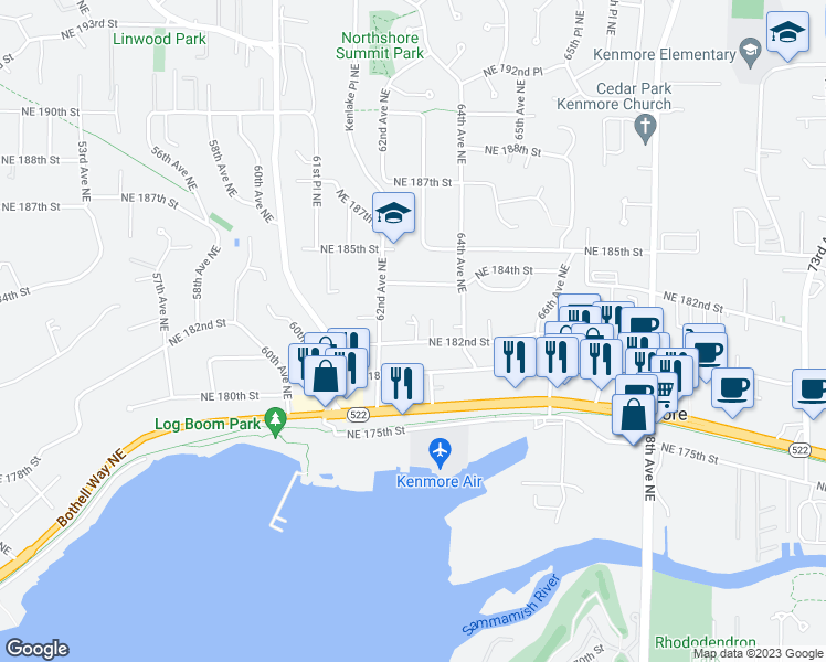 map of restaurants, bars, coffee shops, grocery stores, and more near 6226 Northeast 182nd Street in Kenmore