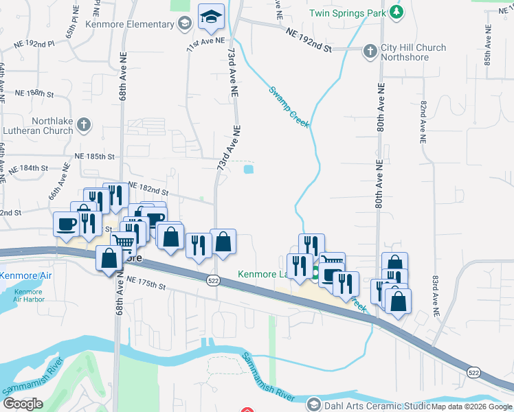 map of restaurants, bars, coffee shops, grocery stores, and more near 18200 73rd Avenue Northeast in Kenmore