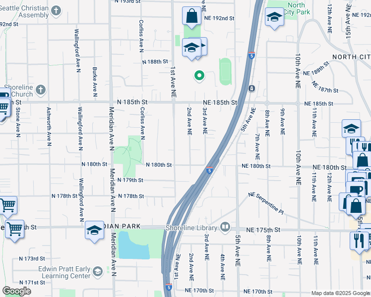 map of restaurants, bars, coffee shops, grocery stores, and more near 18010 2nd Avenue Northeast in Shoreline