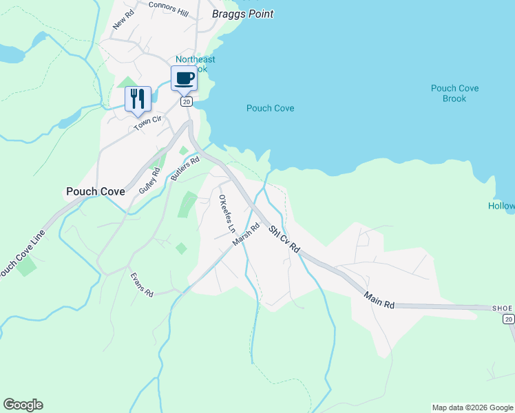 map of restaurants, bars, coffee shops, grocery stores, and more near 596 Main Road in Pouch Cove