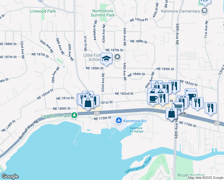 map of restaurants, bars, coffee shops, grocery stores, and more near 6226 Northeast 182nd Street in Kenmore