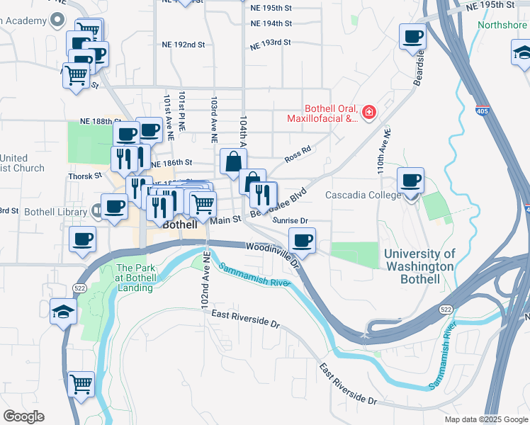 map of restaurants, bars, coffee shops, grocery stores, and more near in Bothell