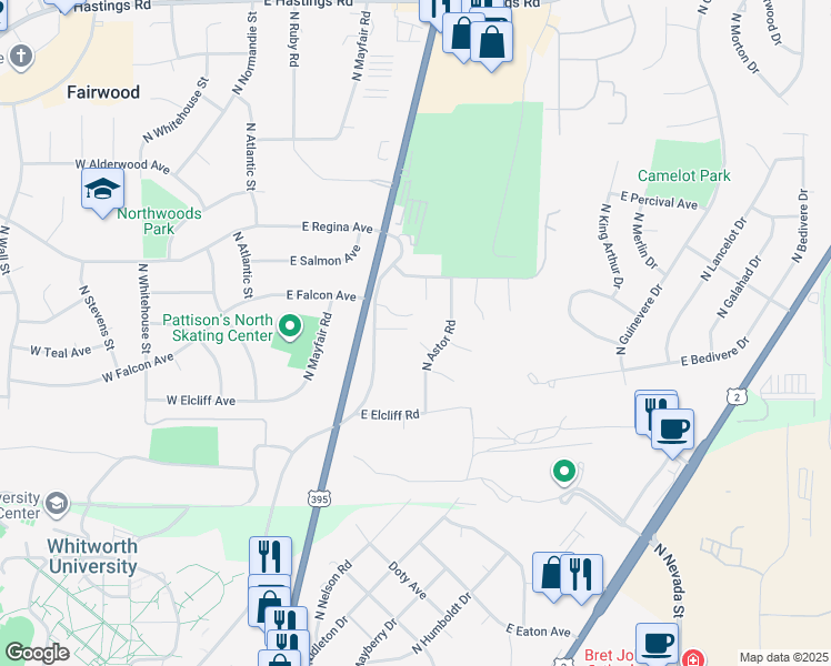 map of restaurants, bars, coffee shops, grocery stores, and more near 11209 North Astor Road in Spokane