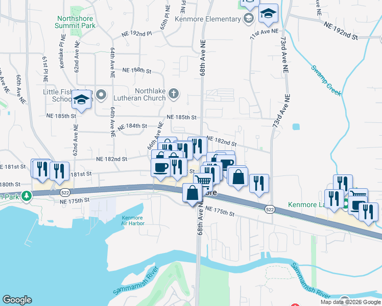 map of restaurants, bars, coffee shops, grocery stores, and more near 6734 Northeast 181st Street in Kenmore