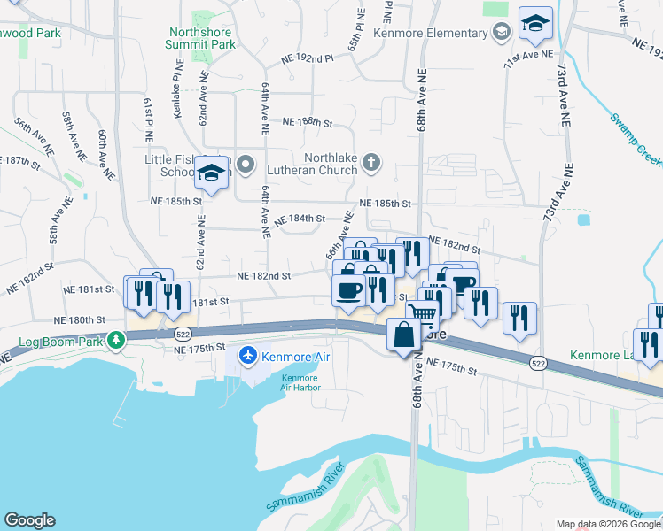 map of restaurants, bars, coffee shops, grocery stores, and more near 6453 Northeast 182nd Street in Kenmore