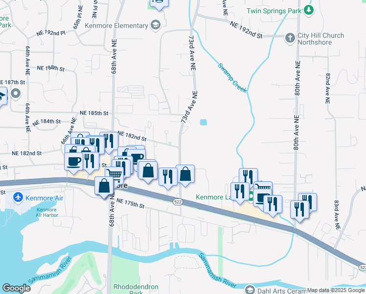 map of restaurants, bars, coffee shops, grocery stores, and more near 18200 73rd Avenue Northeast in Kenmore