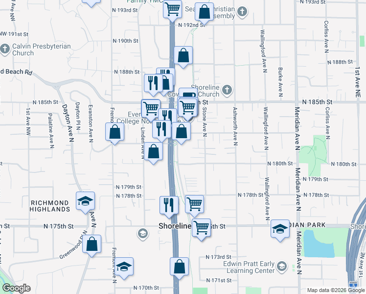 map of restaurants, bars, coffee shops, grocery stores, and more near 18110 Midvale Avenue North in Shoreline