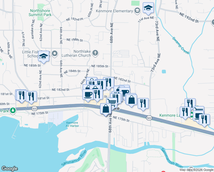 map of restaurants, bars, coffee shops, grocery stores, and more near 18151 68th Avenue Northeast in Kenmore