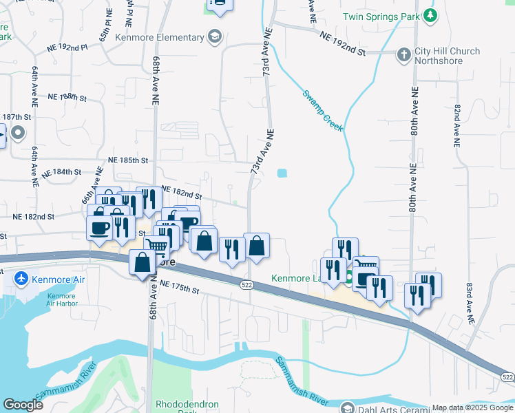 map of restaurants, bars, coffee shops, grocery stores, and more near 18200 73rd Avenue Northeast in Kenmore