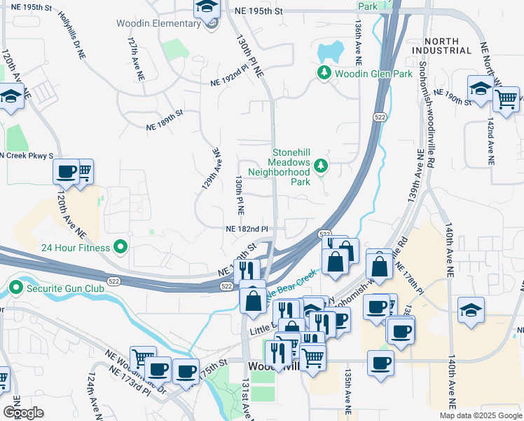 map of restaurants, bars, coffee shops, grocery stores, and more near 18219 131st Court Northeast in Bothell