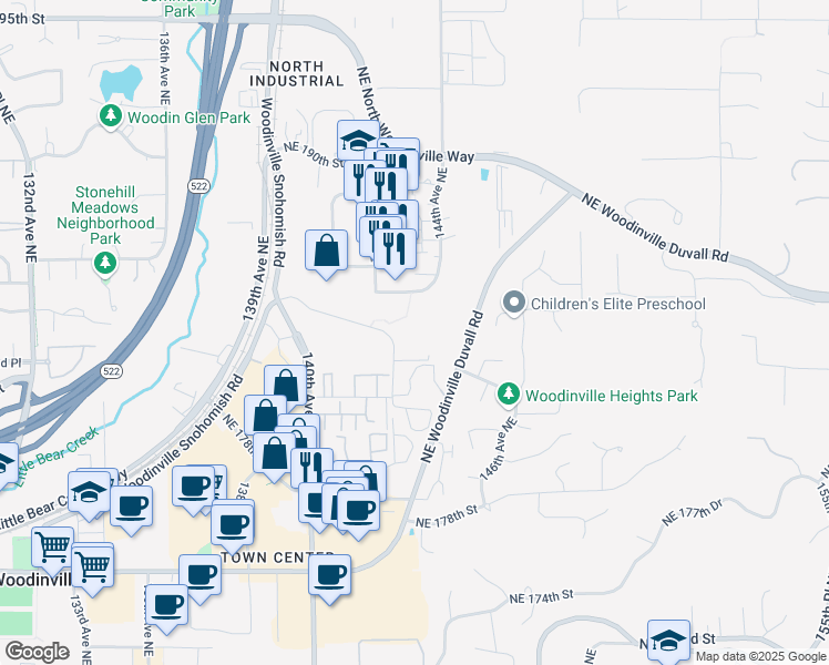 map of restaurants, bars, coffee shops, grocery stores, and more near 14124 Northeast 181st Place in Woodinville