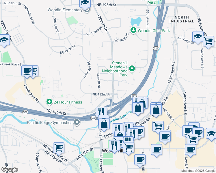 map of restaurants, bars, coffee shops, grocery stores, and more near 18219 131st Court Northeast in Bothell