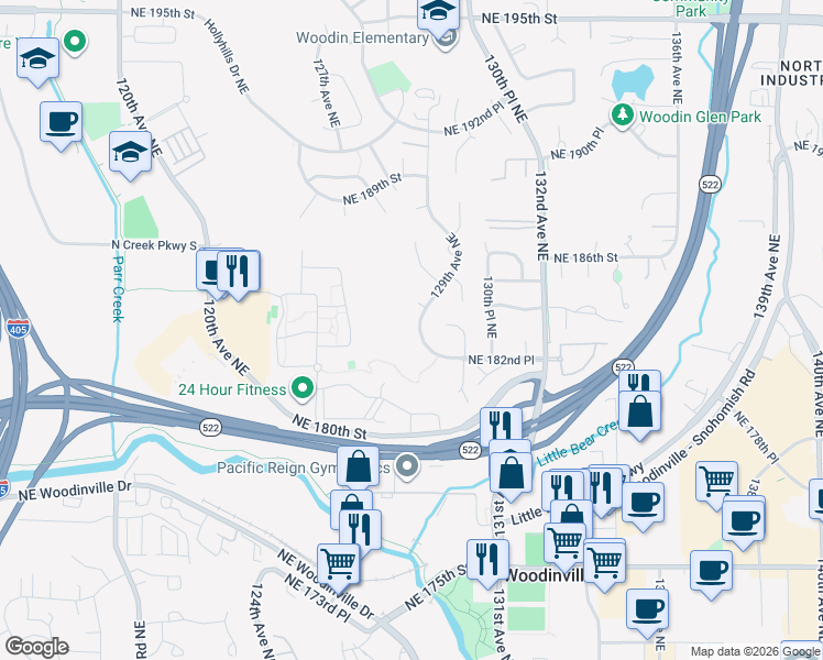 map of restaurants, bars, coffee shops, grocery stores, and more near 18309 129th Avenue Northeast in Bothell