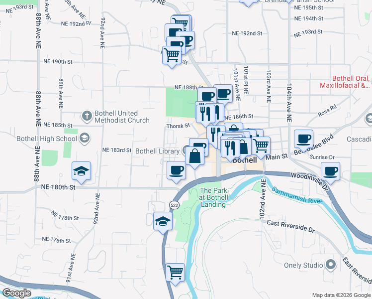 map of restaurants, bars, coffee shops, grocery stores, and more near 18120 97th Avenue Northeast in Bothell