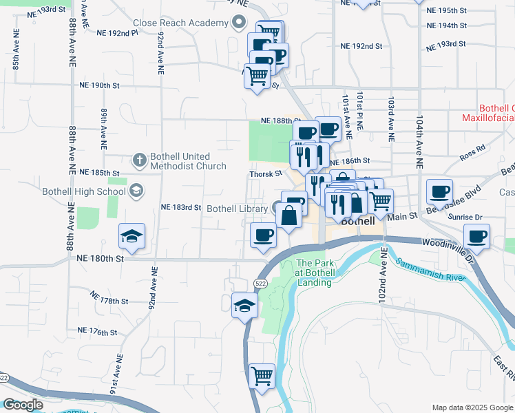 map of restaurants, bars, coffee shops, grocery stores, and more near 18120 97th Avenue Northeast in Bothell