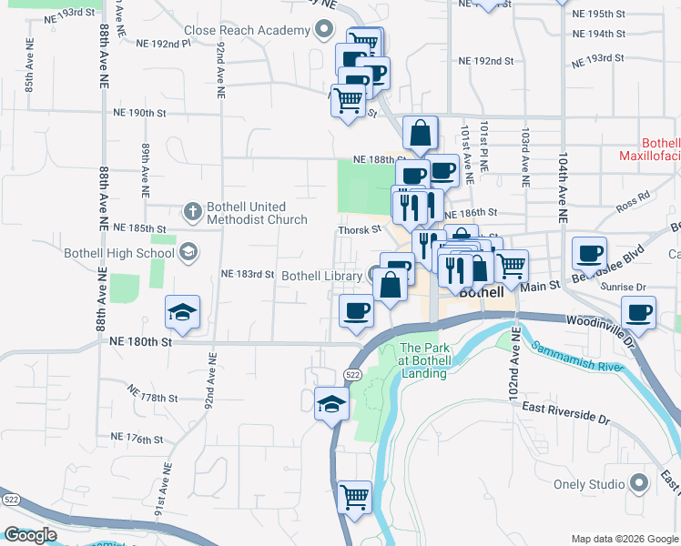 map of restaurants, bars, coffee shops, grocery stores, and more near 9624 Northeast 182nd Court in Bothell