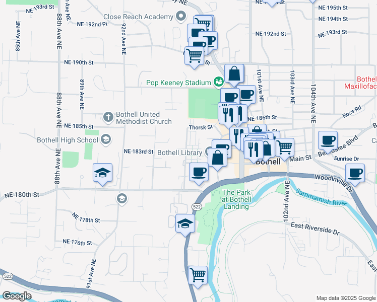 map of restaurants, bars, coffee shops, grocery stores, and more near 9624 Northeast 182nd Court in Bothell