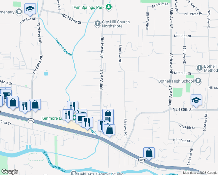 map of restaurants, bars, coffee shops, grocery stores, and more near 8041 Northeast 182nd Place in Kenmore