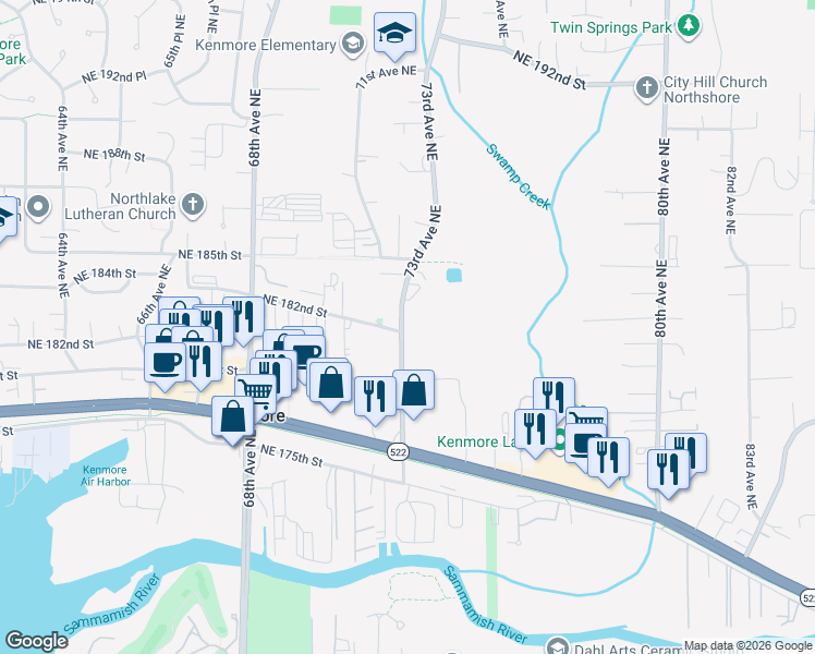 map of restaurants, bars, coffee shops, grocery stores, and more near 51 Northeast 181st Street in Kenmore
