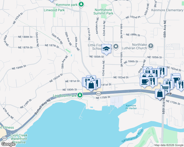 map of restaurants, bars, coffee shops, grocery stores, and more near 6113 Northeast 182nd Street in Kenmore