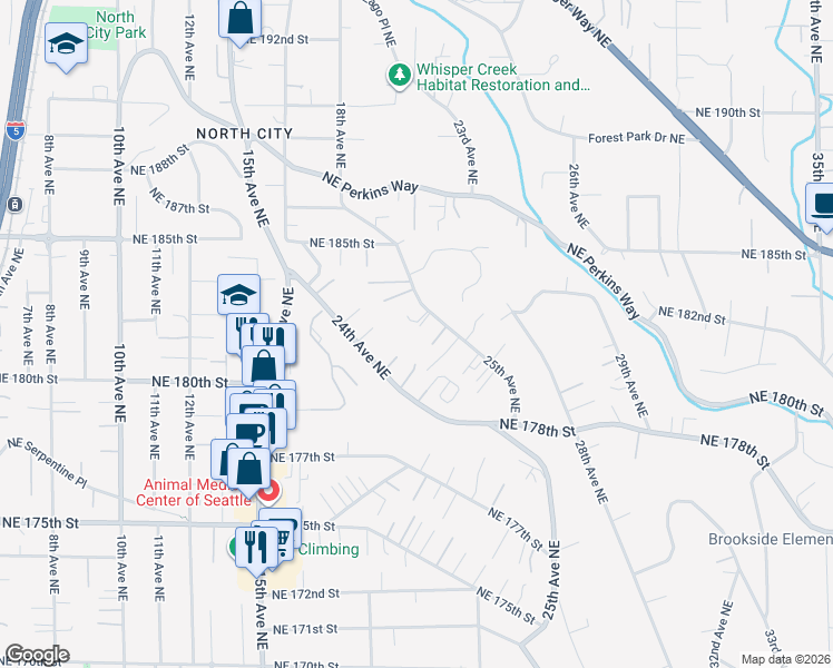 map of restaurants, bars, coffee shops, grocery stores, and more near 2425 Northeast 180th Street in Shoreline