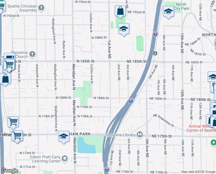 map of restaurants, bars, coffee shops, grocery stores, and more near 18010 1st Avenue Northeast in Shoreline