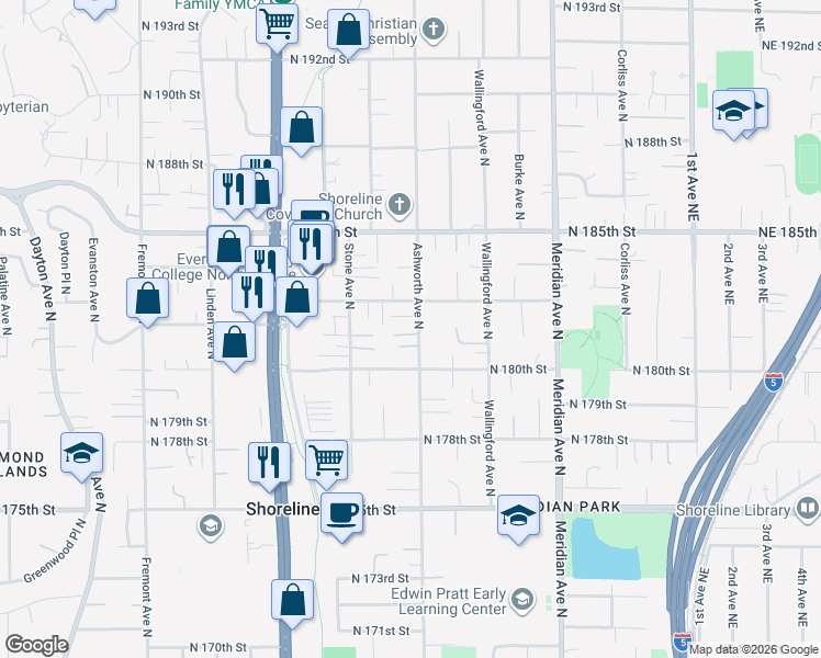 map of restaurants, bars, coffee shops, grocery stores, and more near 18008 Ashworth Avenue North in Shoreline