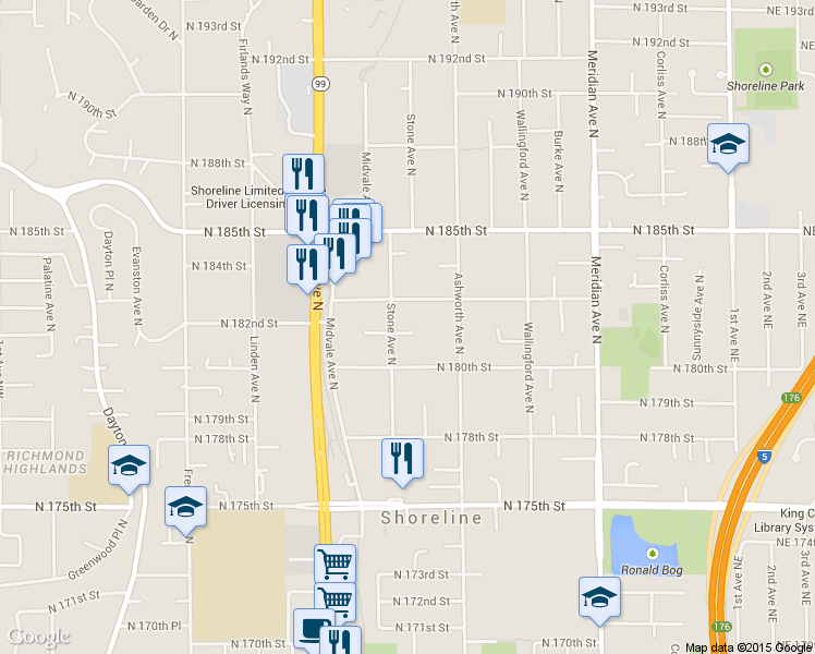map of restaurants, bars, coffee shops, grocery stores, and more near 18014 Stone Avenue North in Shoreline