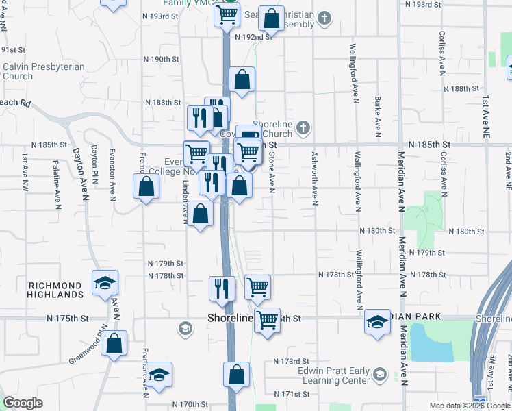 map of restaurants, bars, coffee shops, grocery stores, and more near 1122 North 180th Street in Shoreline