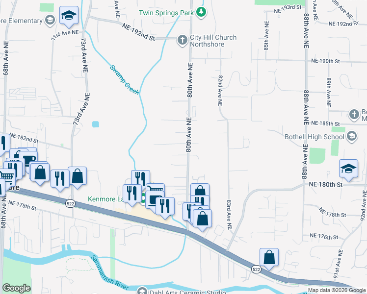 map of restaurants, bars, coffee shops, grocery stores, and more near 18223 80th Avenue Northeast in Kenmore