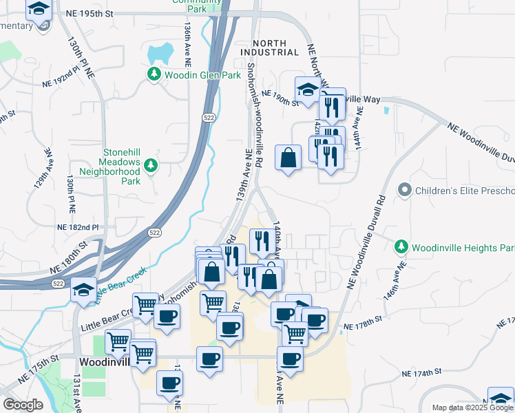 map of restaurants, bars, coffee shops, grocery stores, and more near 18200 Woodinville Snohomish Road in Woodinville