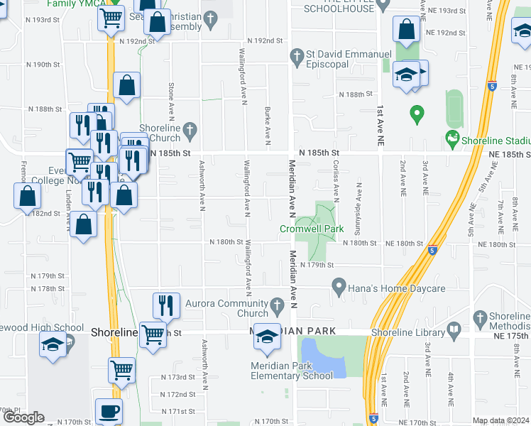 map of restaurants, bars, coffee shops, grocery stores, and more near 18039 Burke Avenue North in Shoreline