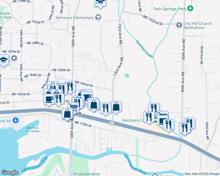 map of restaurants, bars, coffee shops, grocery stores, and more near 18255 73rd Avenue Northeast in Kenmore