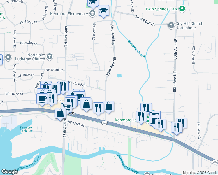map of restaurants, bars, coffee shops, grocery stores, and more near 18210 73rd Avenue Northeast in Kenmore