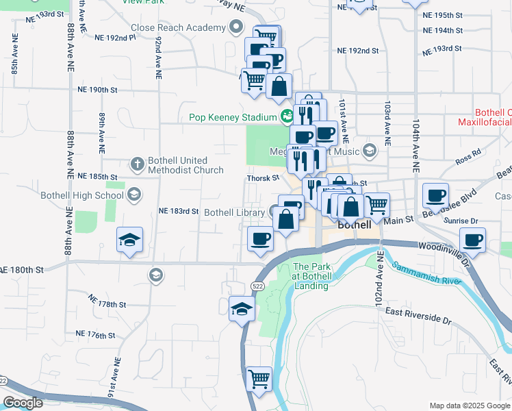 map of restaurants, bars, coffee shops, grocery stores, and more near 18323 98th Avenue Northeast in Bothell