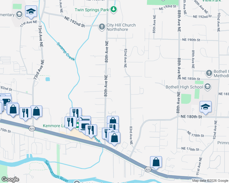 map of restaurants, bars, coffee shops, grocery stores, and more near 8016 Northeast 183rd Street in Kenmore