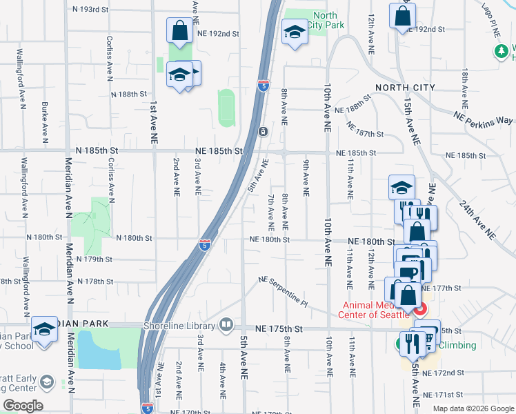 map of restaurants, bars, coffee shops, grocery stores, and more near 514 Northeast 183rd Court in Shoreline