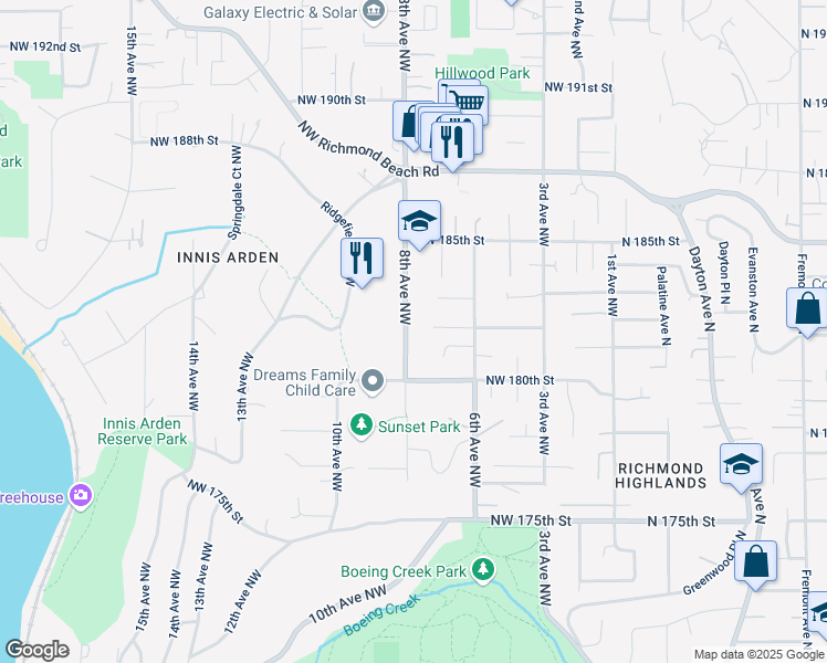 map of restaurants, bars, coffee shops, grocery stores, and more near 18301 8th Avenue Northwest in Shoreline