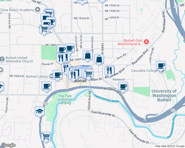 map of restaurants, bars, coffee shops, grocery stores, and more near 10207 Northeast 183rd Street in Bothell