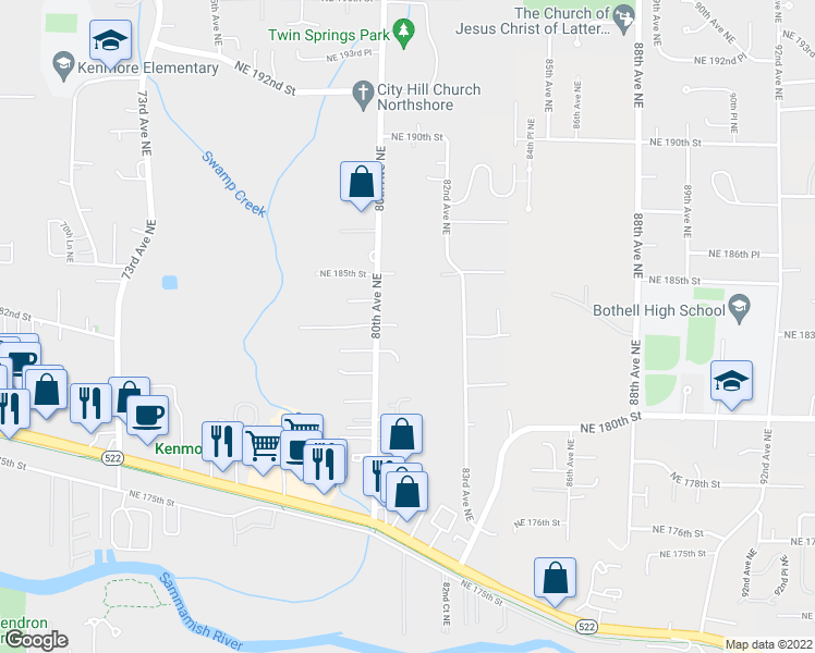 map of restaurants, bars, coffee shops, grocery stores, and more near 8016 Northeast 183rd Street in Kenmore
