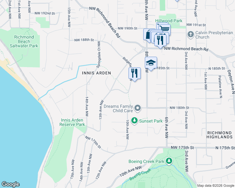 map of restaurants, bars, coffee shops, grocery stores, and more near 18220 Ridgefield Road Northwest in Shoreline