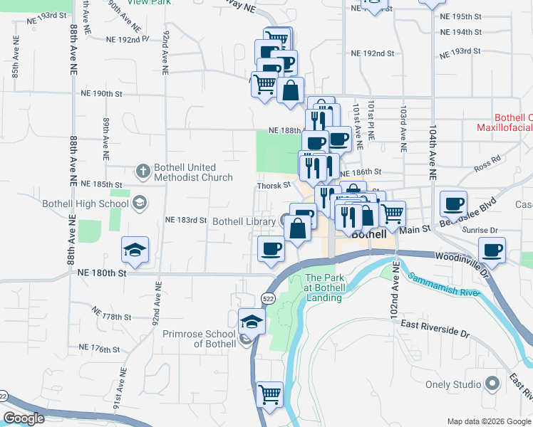map of restaurants, bars, coffee shops, grocery stores, and more near 9632 Northeast 183rd Street in Bothell