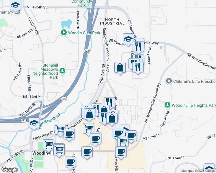 map of restaurants, bars, coffee shops, grocery stores, and more near 18200 Woodinville Snohomish Road in Woodinville