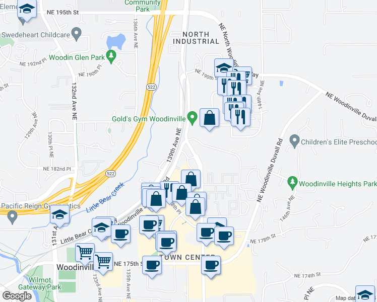 map of restaurants, bars, coffee shops, grocery stores, and more near 18200 Woodinville Snohomish Road in Woodinville