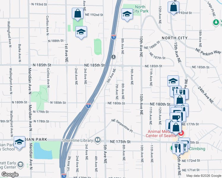 map of restaurants, bars, coffee shops, grocery stores, and more near 514 Northeast 183rd Court in Shoreline