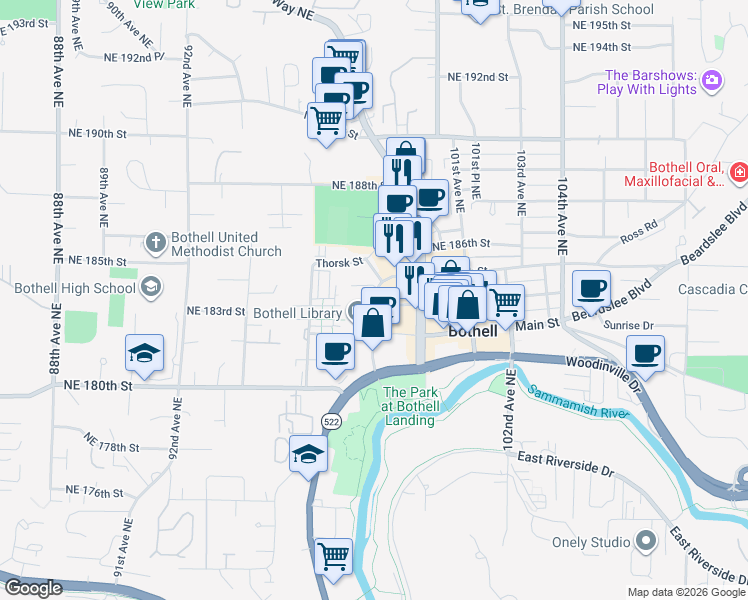 map of restaurants, bars, coffee shops, grocery stores, and more near 18307 98th Avenue Northeast in Bothell