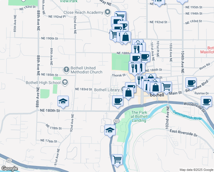 map of restaurants, bars, coffee shops, grocery stores, and more near 18309 96th Avenue Northeast in Bothell