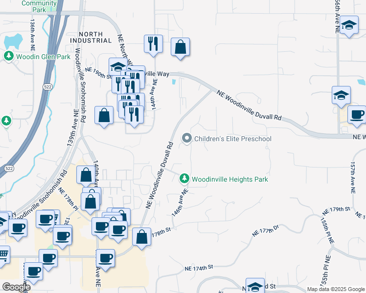 map of restaurants, bars, coffee shops, grocery stores, and more near 14515 Northeast 184th Place in Woodinville