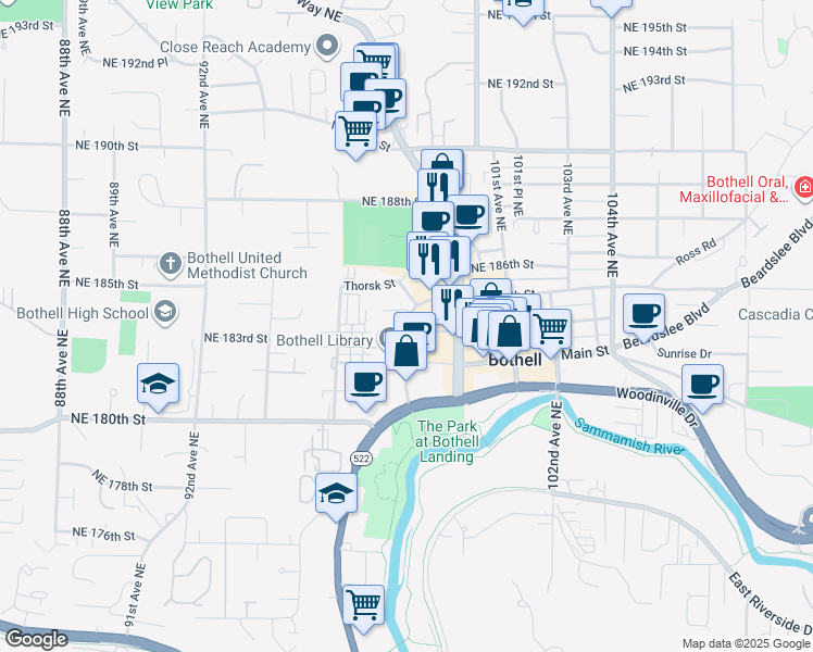 map of restaurants, bars, coffee shops, grocery stores, and more near 18317 98th Avenue Northeast in Bothell