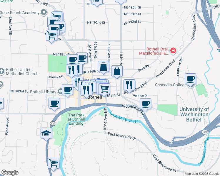 map of restaurants, bars, coffee shops, grocery stores, and more near in Bothell